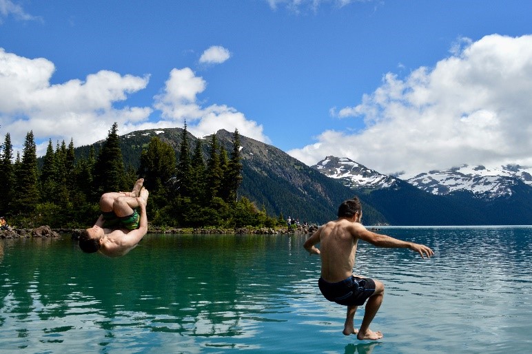 Zwei Männer springen in einen See vor Bergkulisse, Titelbild für Artikel "Neue Chefs in kaltem Wasser".