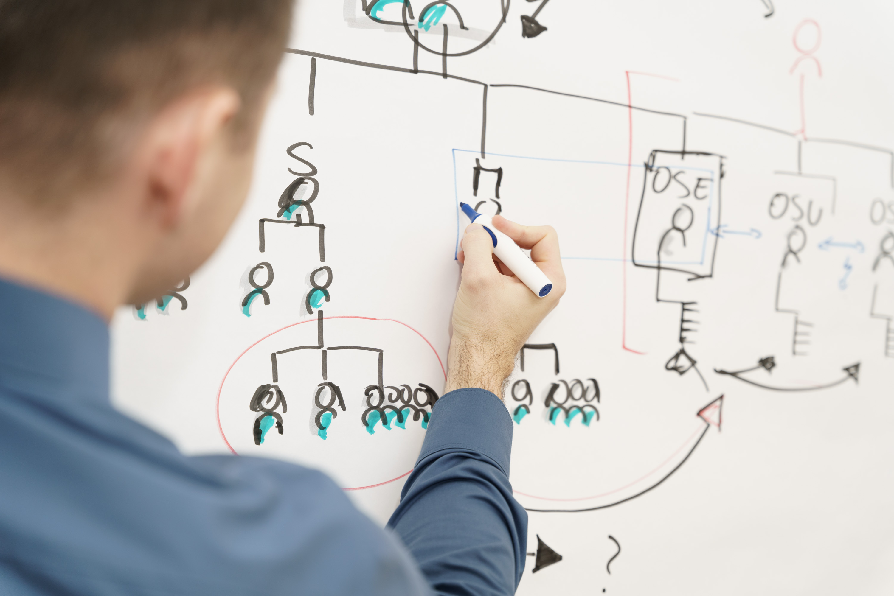 Hand zeichnet Organigramm auf Whiteboard, Visualisierung von Reorganisation und Strukturen im Unternehmen.